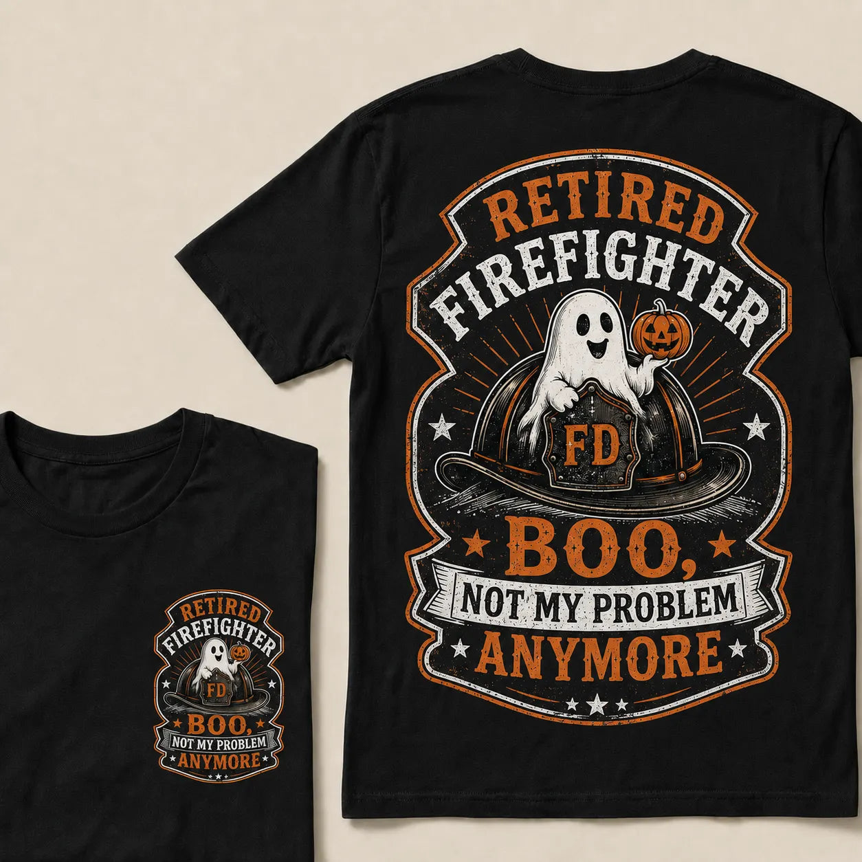 Retired Firefighter Halloween T-Shirt – Funny Boo Not My Problem Anymore Graphic Tee, Firefighter Retirement Gift